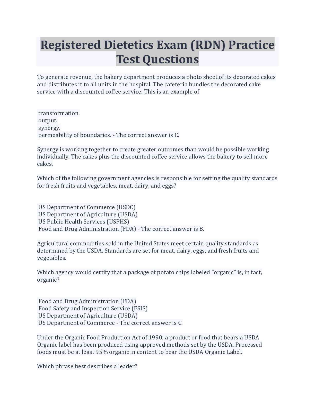 Preview image for Registered Dietetics Exam (RDN) Practice Test Questions